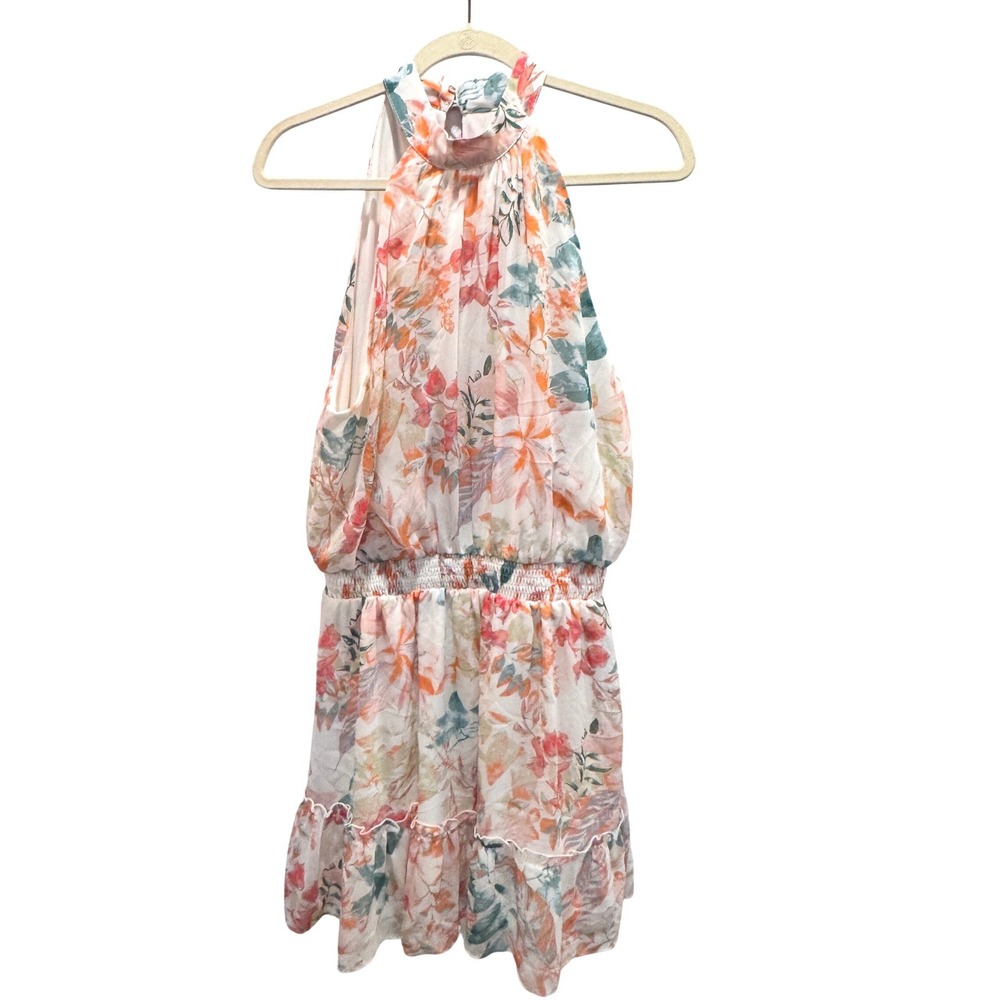 Sweet Lemon‎ Dress Floral Print White Green Pink Halter Smocked Waist Ruffle L